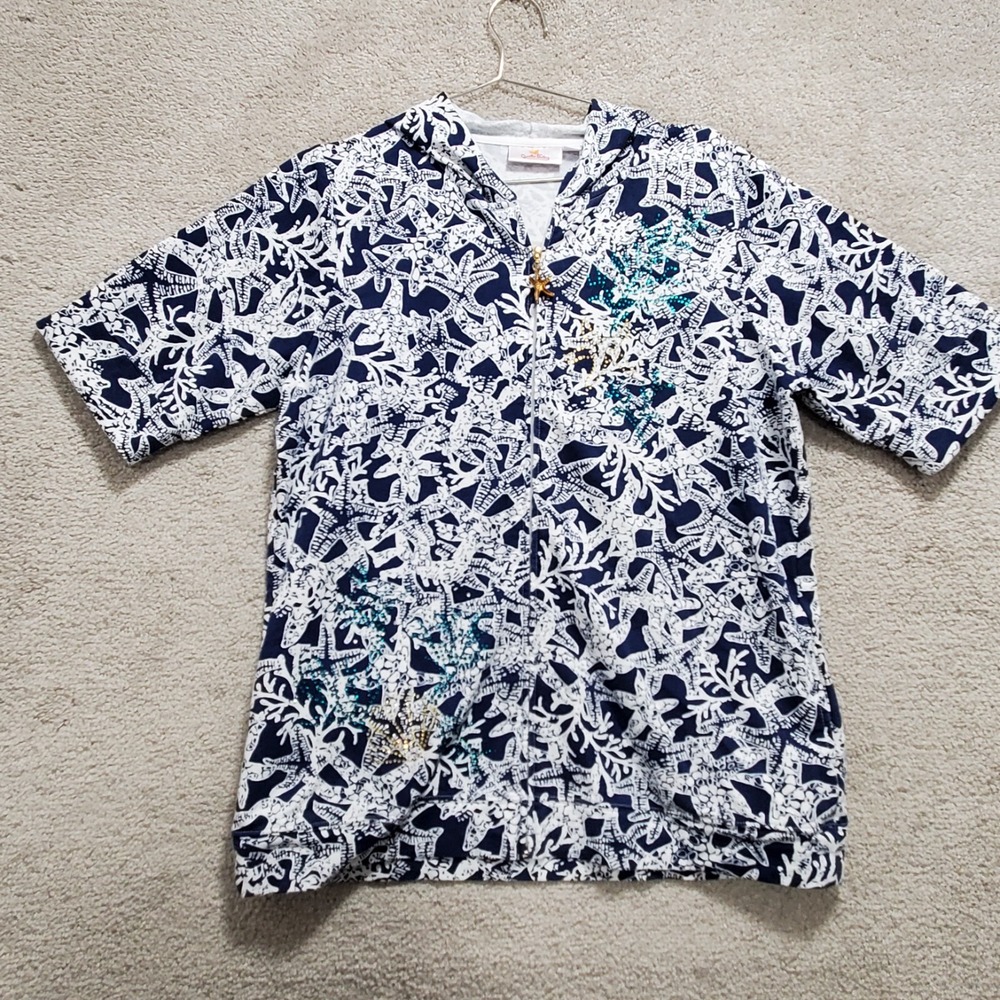 Quacker Factory Top Women's M Blue Nautical Starfish Coral Ocean Full Zip Hooded